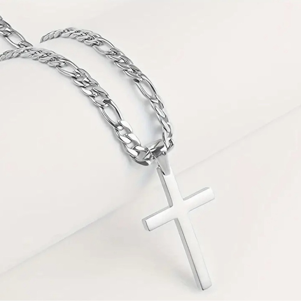 Stainless Steel Cross Pendant Necklace silver  Cross 23.6inch+1.96inch